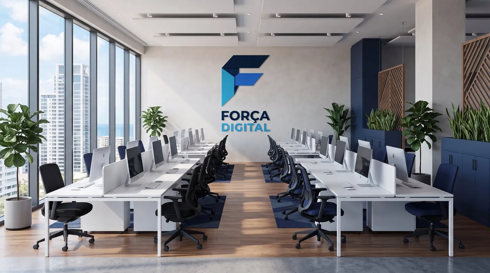 O escritório da Força Digital, com duas filas de secretárias e o logótipo na parede