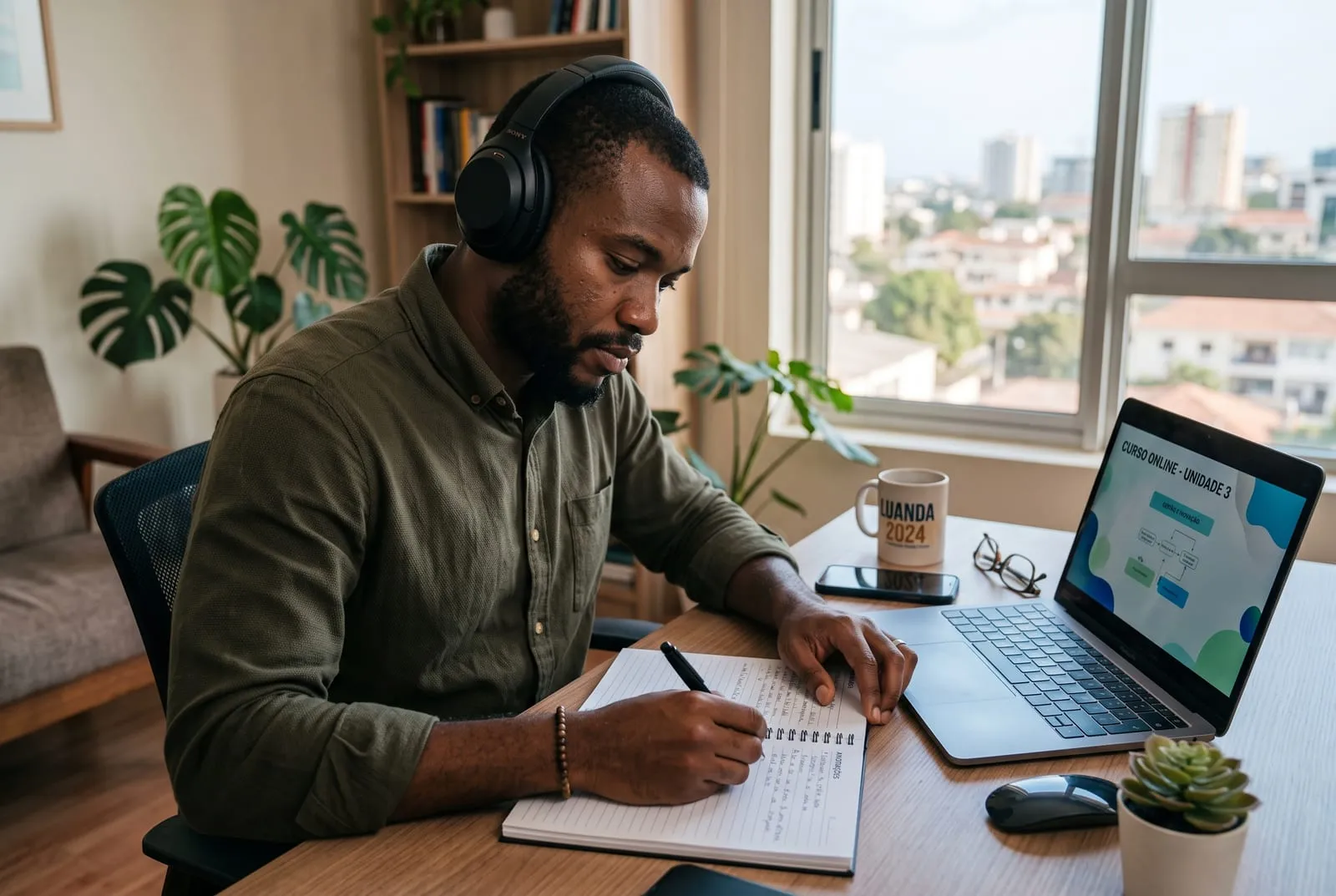 Profissional a seguir um curso online num portátil, com auscultadores e caderno de notas